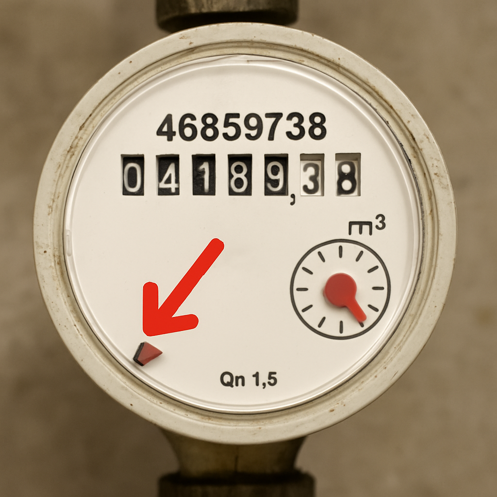 A clear, close-up photo of a residential water meter, with a red arrow pointing directly at the small, triangular leak indicator dial