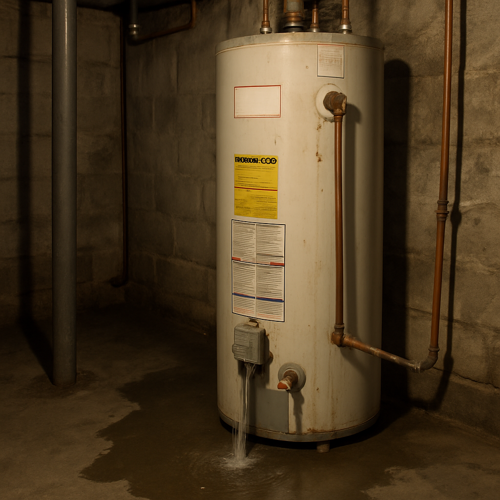 Leaking water heater in a basement